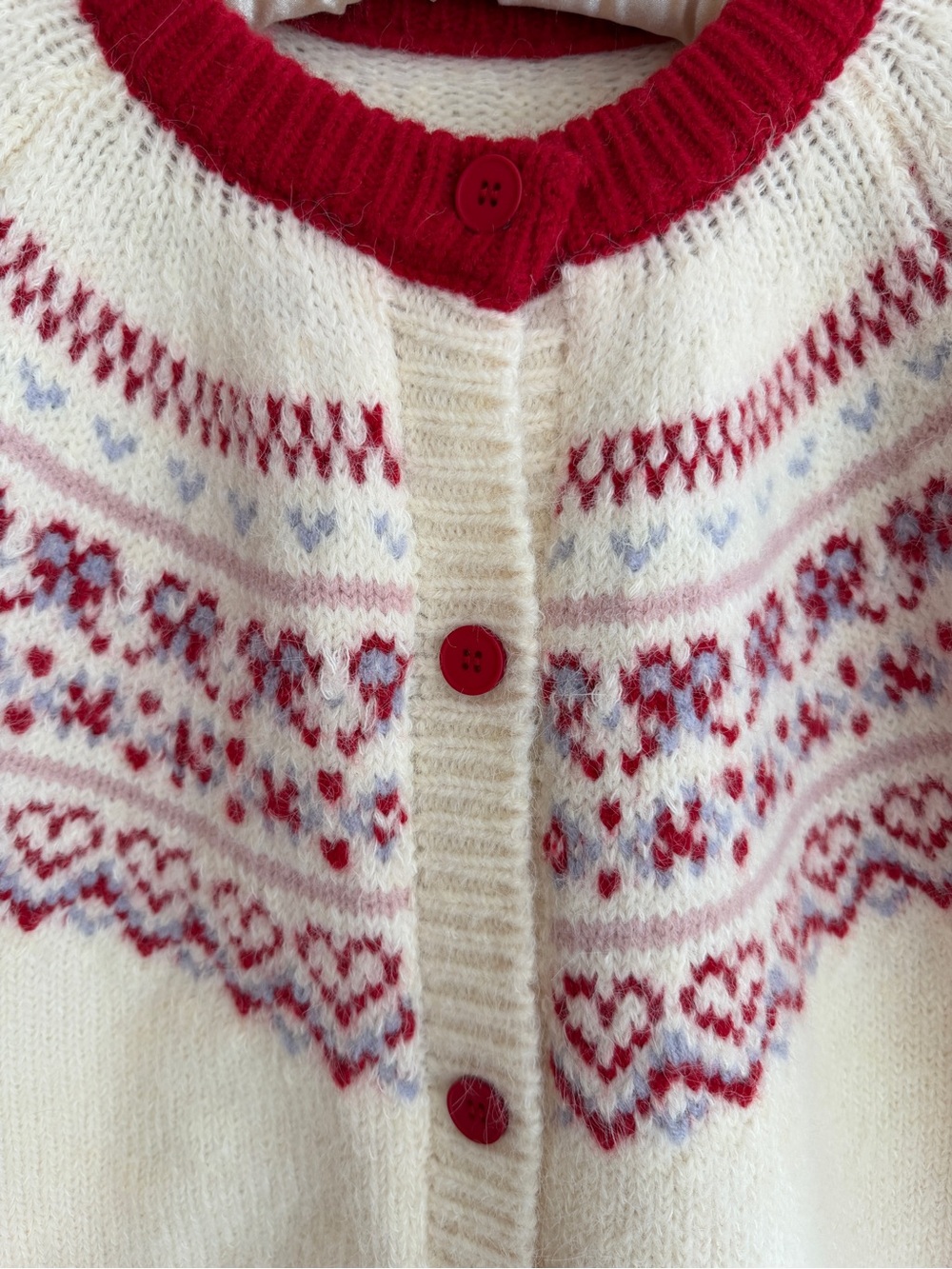 FAIR ISLE  Hearts Bows Cardigan Sweater Fuzzy Soft Cozy Pockets Nordic Soft Girl - Picture 9 of 17